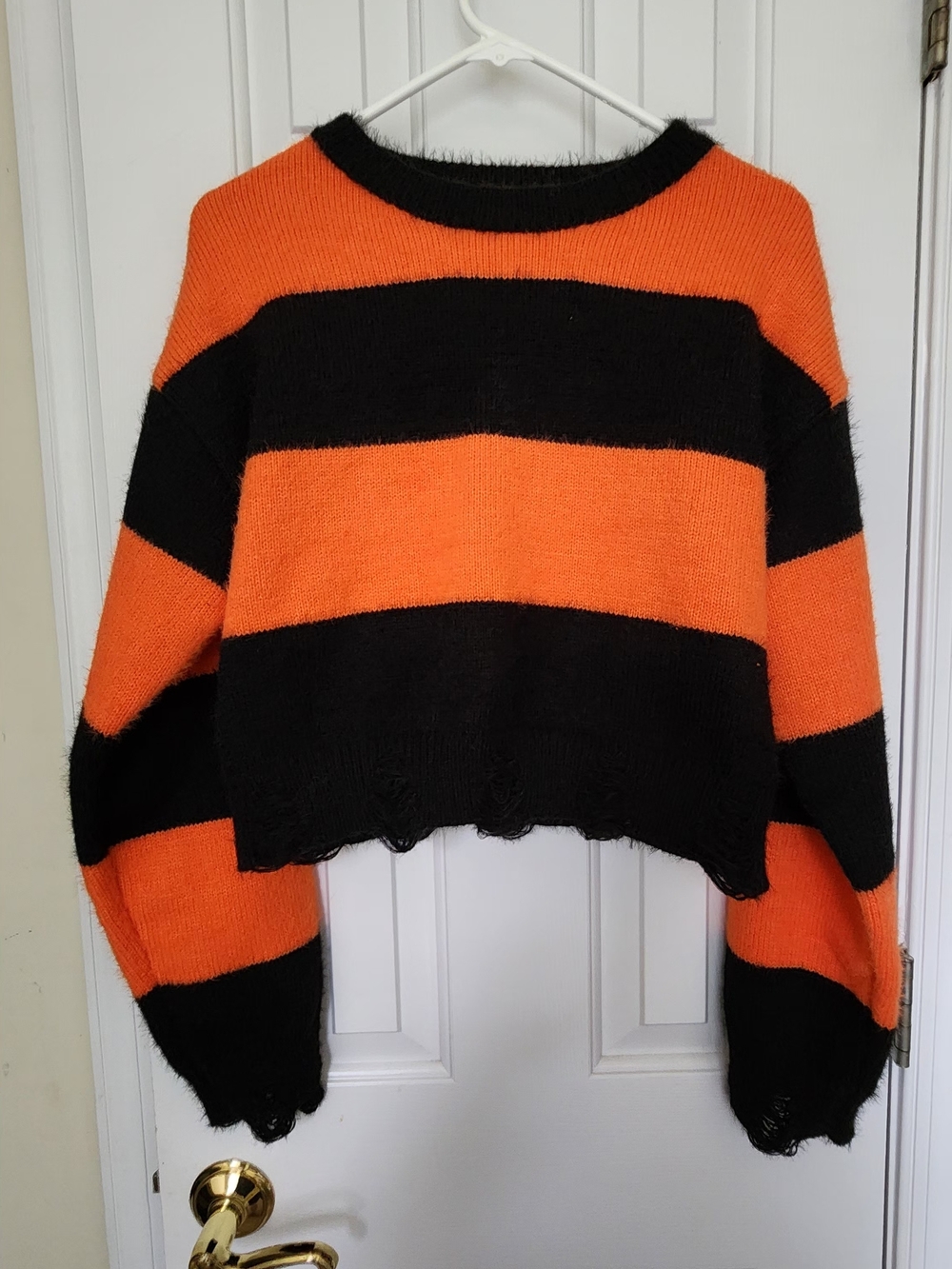 SHEIN Black and Orange Striped Fuzzy Cropped Sweater